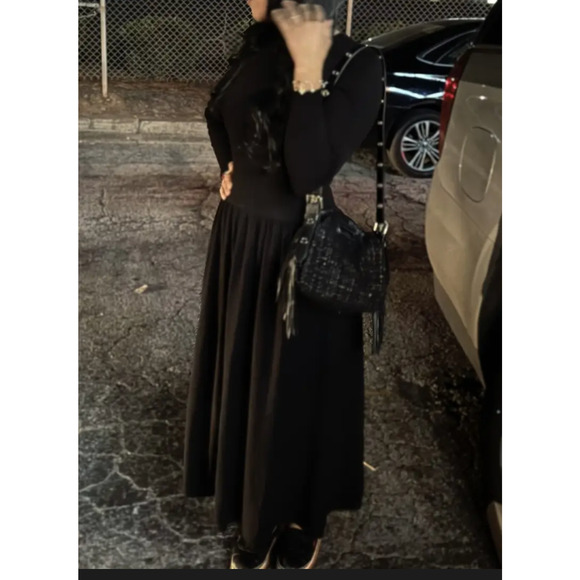 Thakoon Black Ribbed Knit Drop Waist Midi Dress LARGE Modest Designer Work $348 - Picture 5 of 10